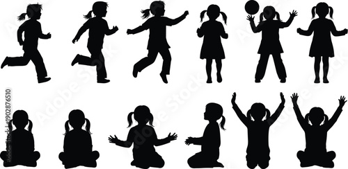 Collection of children silhouettes running, playing with ball, clapping, sitting, and raising hands in joyful poses, showing active lifestyle, creativity, learning, 