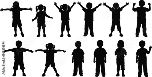 Collection of children silhouettes standing with raised and open arms in different poses, showing confidence, joy, freedom, creativity, and positive childhood energy on white background