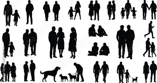 Collection of family and people silhouettes in daily life activities, walking, talking, sitting, and spending time together, showing relationships, lifestyle, and social connection