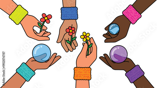 Diverse Hands Offering Flowers and Spheres Symbolizing Unity Hope and Diversity