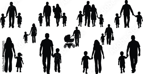 Collection of family silhouette illustrations showing parents walking with children, holding hands, pushing strollers, 