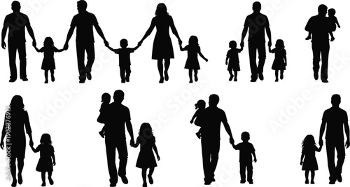 Collection of family silhouettes walking together holding hands with children and parents, showing love, care, unity, parenting, bonding, and happy family lifestyle concept on white background