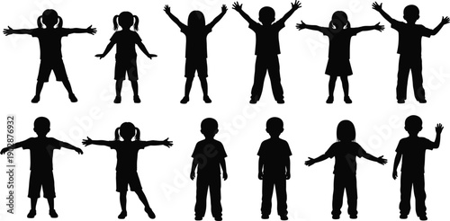 Collection of happy children silhouette illustrations showing boys and girls standing with open arms, expressing joy, confidence, and freedom in playful poses isolated on white background
