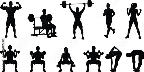 Collection of fitness workout silhouette illustrations showing men and women lifting weights, running, squatting, stretching, and training in gym  