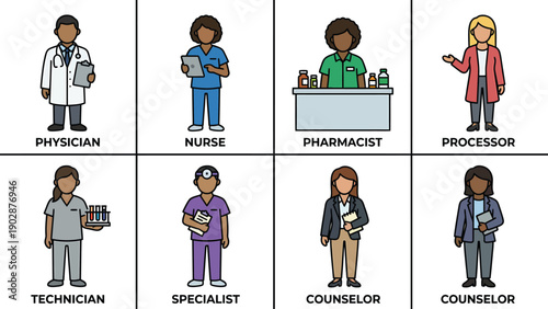 Diverse Medical and Healthcare Professionals Icon Set Physician Nurse Pharmacist Processor Technician Specialist Counselor Counselor