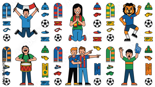 Excited Soccer Fans Cheering and Celebrating with Team Merchandise and Accessories