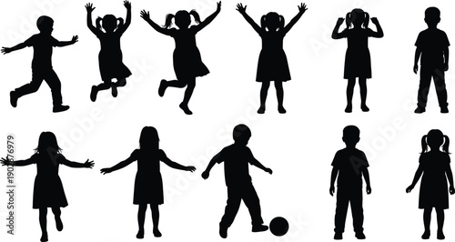 Collection of happy children silhouettes jumping, playing, dancing, and kicking ball in different poses, showing active lifestyle, creativity, fun, and childhood energy concept