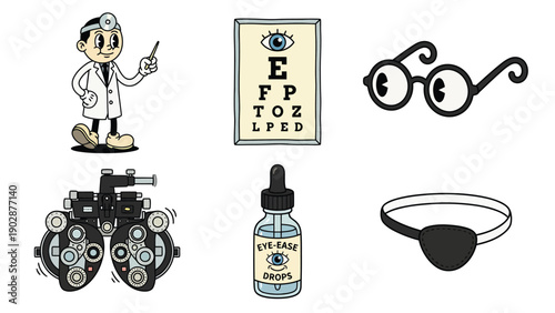 Retro Cartoon Optometrist Doctor with Eye Chart Glasses Phoropter and Eye Drops Vintage Ophthalmology Concept