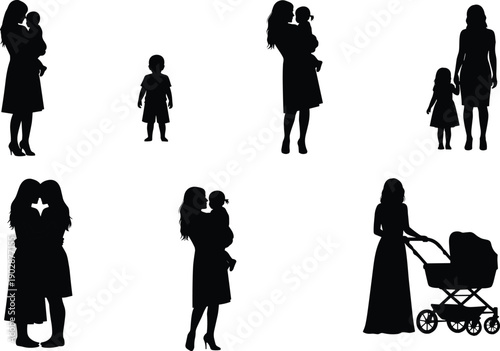 Collection of mother and child silhouettes showing love, care, and family bonding moments, including holding baby, walking together, and stroller scenes, isolated on white background