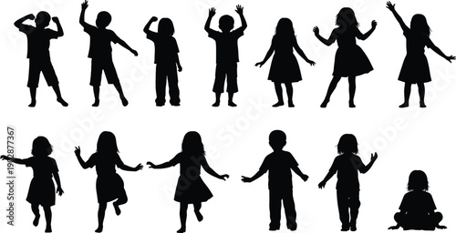 Collection of playful children silhouette illustrations showing boys and girls dancing, jumping, waving, and expressing joyful emotions through energetic body movements isolated on white background