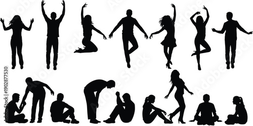 Collection of young people silhouette illustrations showing dancing, jumping, sitting, relaxing, and expressive body language in modern lifestyle, emotional,