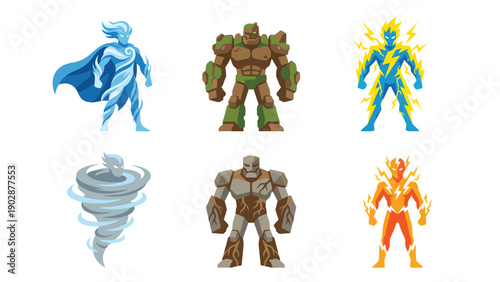 Diverse Elemental Superheroes and Creatures Fire Water Earth Air Lightning Tornado Ice Stone Magma Storm Unique Fantasy Character Design for Games and Comics