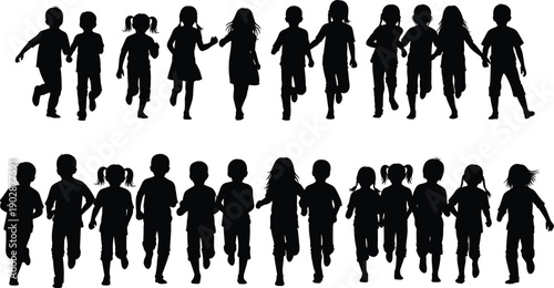 Group of running children silhouettes showing boys and girls in motion, active lifestyle, fitness training, healthy childhood, teamwork, speed, and outdoor sports concept