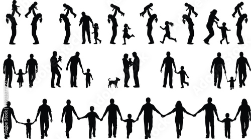 Large collection of family silhouettes showing parents and children playing, walking, holding hands, and sharing joyful moments, representing love, care, bonding, 