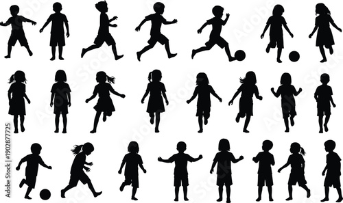Large collection of active children silhouettes playing, running, and kicking ball in various poses, showing energy, movement, and fun childhood moments, isolated on white background