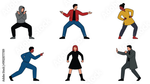 Diverse Group of People in Dynamic Poses Martial Arts Action Power Strength