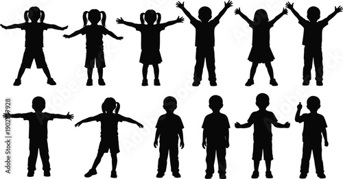 Set of children silhouettes in different happy poses with raised arms and open hands, showing joy, freedom, playfulness, and active lifestyle on white background