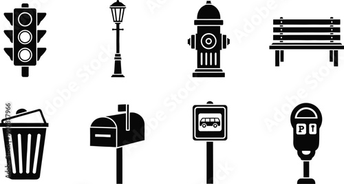 Urban Infrastructure and City Street Furniture Icon Set Featuring Traffic Light, Street Lamp, Fire Hydrant, Park Bench, Trash Bin, Mailbox, Bus Stop Sign, and Parking Meter Silhouettes