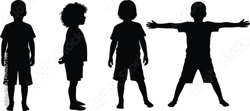 Set of boys silhouettes standing in different poses and angles, showing front, side, and action views, representing childhood development, confidence, movement