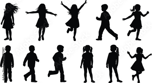 Set of children silhouettes in joyful jumping, running, and dancing poses, showing active boys and girls expressing freedom, happiness, energy, and playful childhood lifestyle on white background
