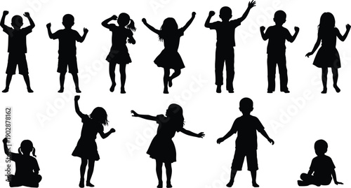 Set of happy children silhouettes dancing, jumping, and celebrating in playful poses, expressing joy, energy, and freedom