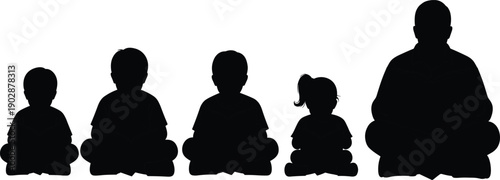 Silhouette of children and adult sitting cross legged in meditation pose, showing calm, mindfulness, yoga practice, inner peace, balance, and healthy lifestyle on white background