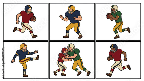 Vintage American Football Action Set Diverse Player Poses and Game Scenarios Retro Sports Illustration