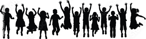 Silhouette of happy children jumping together with raised hands, showing joy, freedom, teamwork, energy, and playful childhood spirit in group celebration on white background