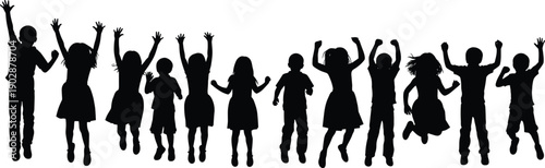 Silhouette of happy children jumping together with raised hands, celebrating friendship, teamwork, freedom, and joyful childhood energy in group activity on white background