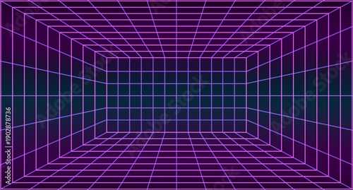 Futuristic cyberpunk grid room vector background. Neon pink lines create a 3D perspective tunnel for tech designs. vector Eps 10