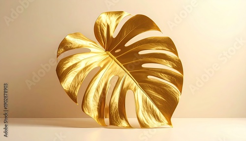 Gilded Monstera Leaf on Table. Studio Background for luxury product presentation