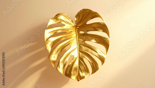 Gilded Monstera leaf on wall for art, wall decor. Sunbeam background
