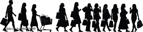 Silhouette of shoppers walking in line with shopping bags and cart, showing retail lifestyle, consumer behavior, fashion, sales season, and modern urban shopping concept