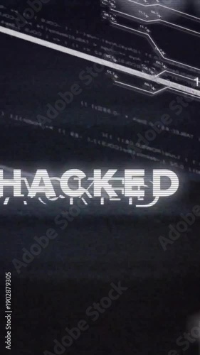 Vertical video: HACKED text glitching while bar sweeping causing magenta flash to signal breach