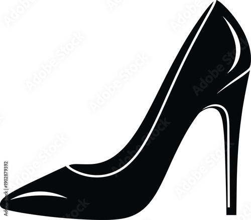 High heel shoe silhouette icon, stiletto fashion artwork, elegant footwear design, stylish accessory symbol, feminine attire tribute, formal wear graphic, flat vector illustration