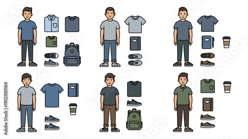 Casual Male Outfits & Wardrobe Collection. Flat vector illustrations of men's fashion, clothes, and accessories for different styles.