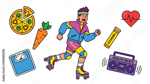 Vibrant Retro Active Lifestyle Illustration with Roller Skater, Healthy Food, and Fitness Icons
