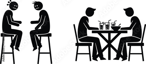 Black and White Minimalist Stick Figure Vector Illustration of Friends Socializing at a Bar and Two People Sharing a Meal at a Restaurant Table