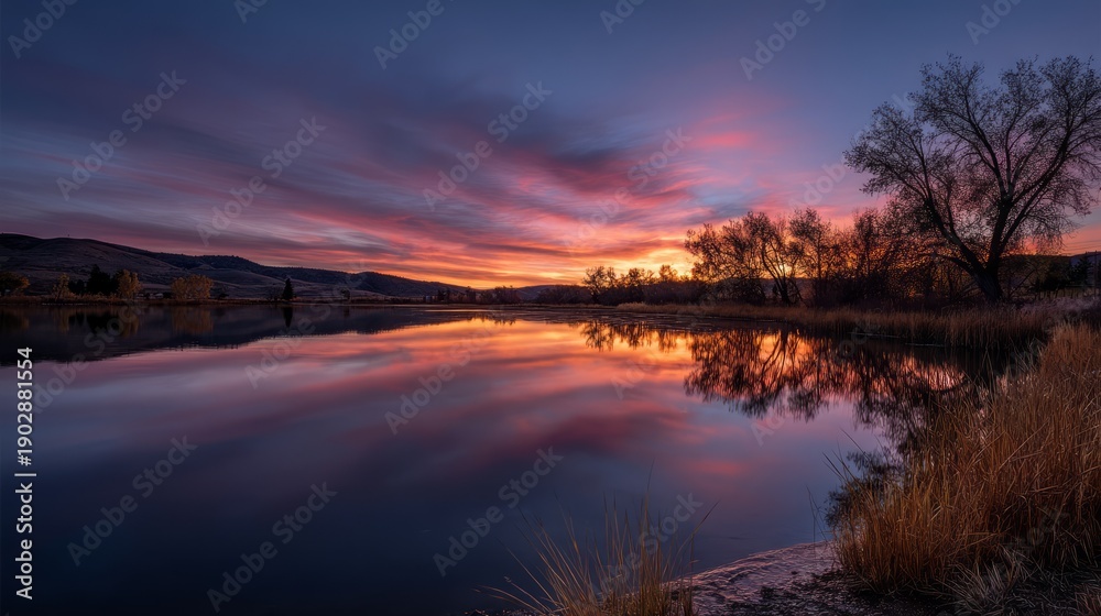 Obraz premium Peaceful Evening Sky Gradient Transitioning to Night Over Calm Lake Scenery