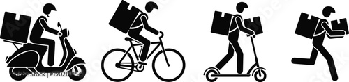 Vector Illustration of Delivery Couriers Using Different Transportation Methods Including Scooter Bicycle Electric Scooter and Running for Fast Food and Package Shipping Services