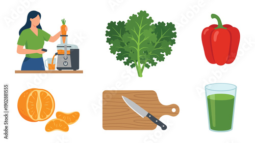 Healthy Juicing Process: Woman Making Fresh Vegetable & Fruit Juice with Kale, Orange, Carrot, Pepper