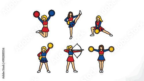 Cheerleader Poses Vector Set: Female Athletes with Pompoms & Archery in Cartoon Style