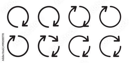 Set of black outline refresh and reload circular arrow icons over white background