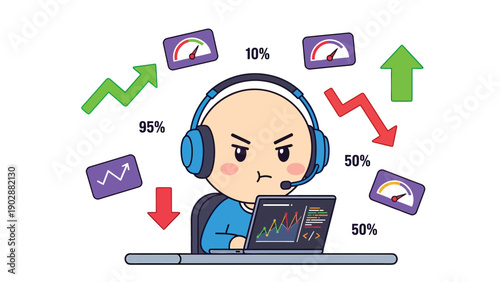 Intense Data Analysis: Cartoon character with headset monitors fluctuating market trends, graphs, and performance indicators on laptop.