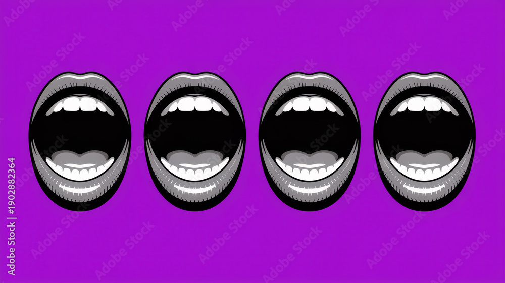 Fototapeta premium Four open mouths on a vibrant purple background