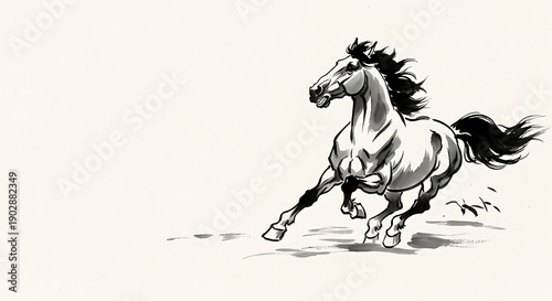 Black and white illustration of a galloping horse with flowing mane and tail