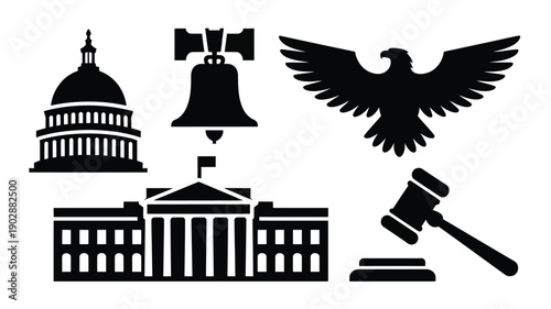 Collection of american government and justice symbols including the capitol building white house liberty bell bald eagle and gavel representing law freedom and national heritage in a clean