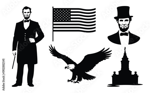 Collection of black silhouette designs featuring abraham lincoln an american flag a bald eagle and a historical building representing american history patriotism and iconic symbols