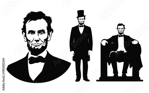 Collection of stylized black and white vector illustrations depicting abraham lincoln in various iconic poses including a close up portrait a full body standing figure in formal attire
