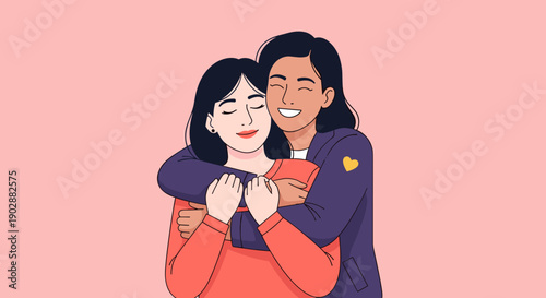 Joyful diverse women embracing warmly with closed eyes and smiles expressing love and friendship against a soft pink background symbolizing connection
